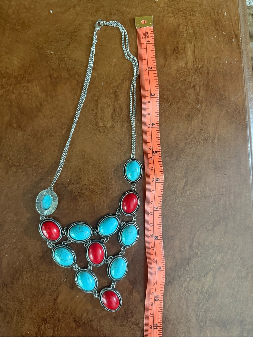 Women’s Statement Bib Necklace with Turquoise colored and Red Oval Stones